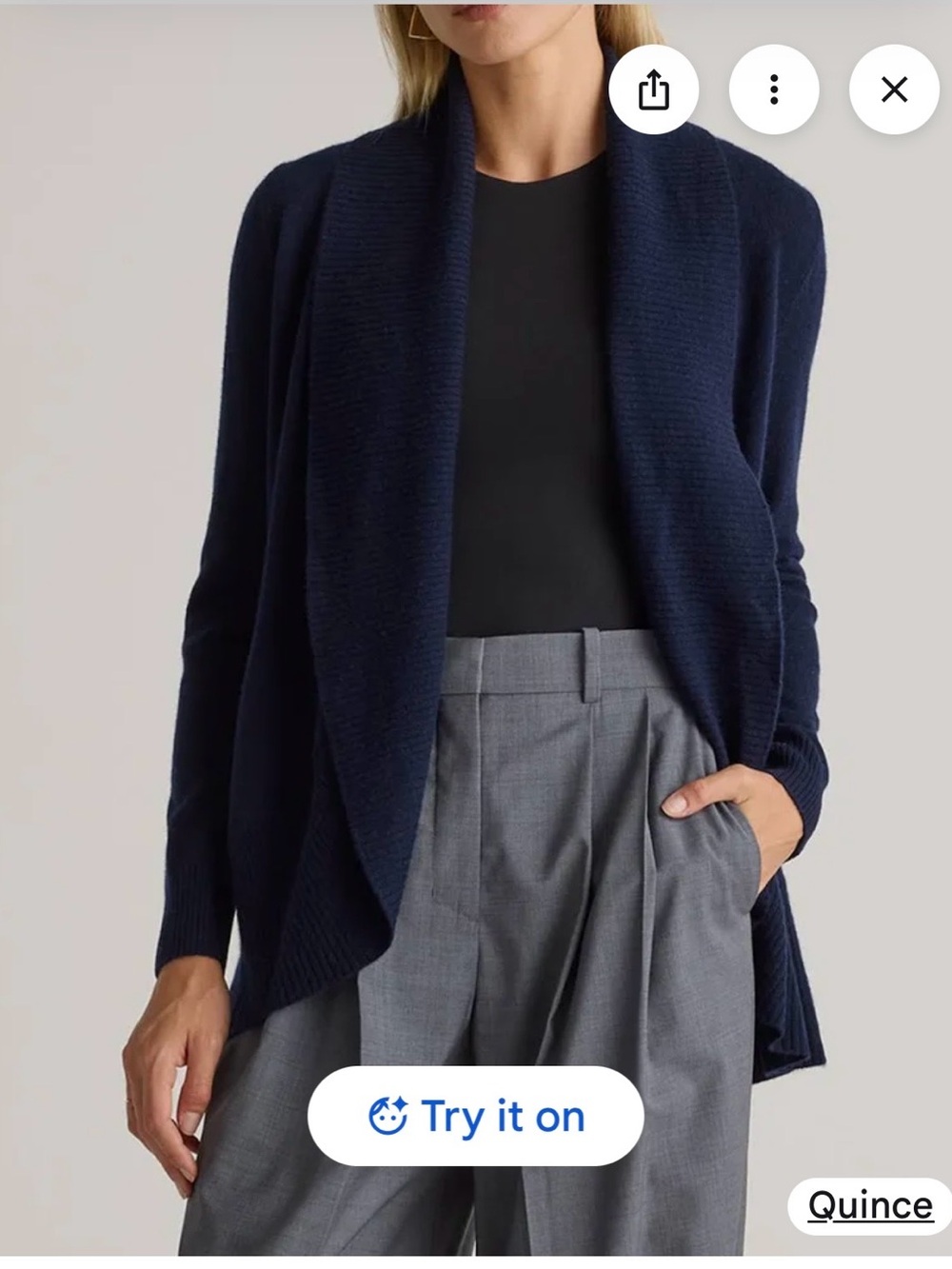 Quince Cashmere Navy Draped Open-Front Cardigan